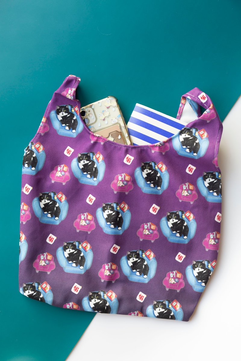 PMG - Hand Held Bag with Cats pattern (Customize available) - Handbags & Totes - Cotton & Hemp Purple