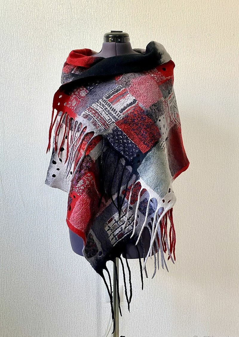 Wool felt silk scarf /Quilt scarf/ Gray Red Black wool shawl - Scarves - Wool Multicolor