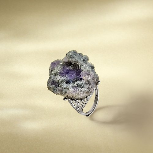 WANZAMGOK 紫水晶晶洞聚寶盆 活口戒指 隨形原石標本 晶簇手工指環 S925銀