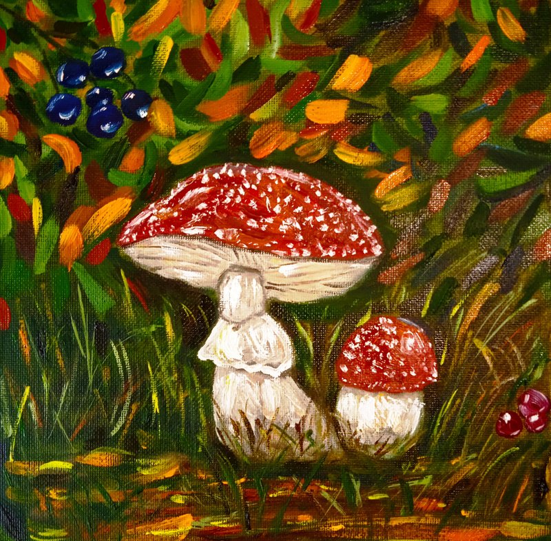 蘑菇艺术蘑菇景观餐厅装饰原始油画Impasto - 壁貼/牆壁裝飾 - 其他材質 多色