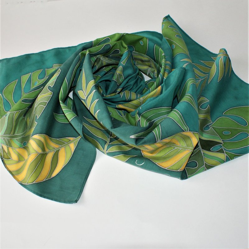 Hand painted scarf Silk cotton blend scarf Green and yellow scarf tropical print - 絲巾 - 絲．絹 綠色