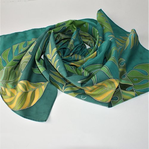 Enya Hand painted scarf Silk cotton blend scarf Green and yellow scarf tropical print