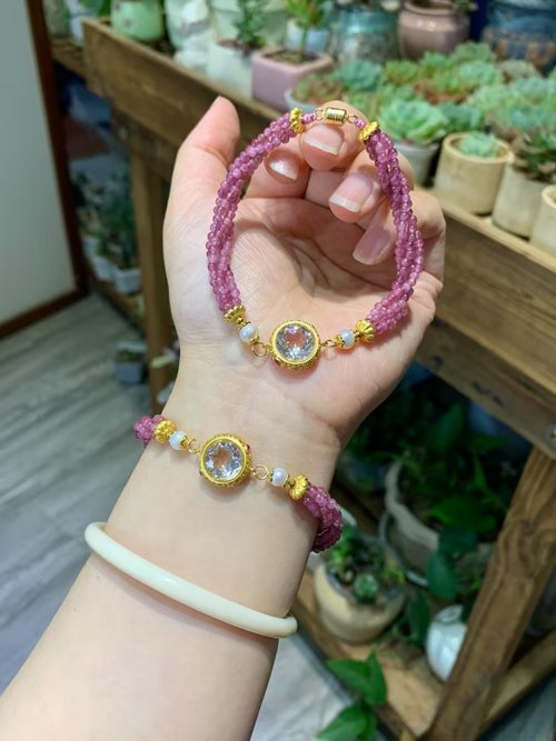 Sri Yantra 天然稀缺貨粉碧璽圓珠麻花手鏈旺夫穩定磁場排除負能量 夏日新款