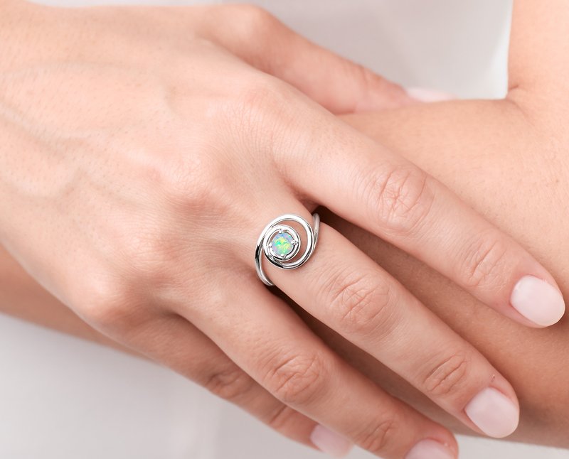 Opal alternative engagement ring-Unique 14k white gold minimalist ring for women
