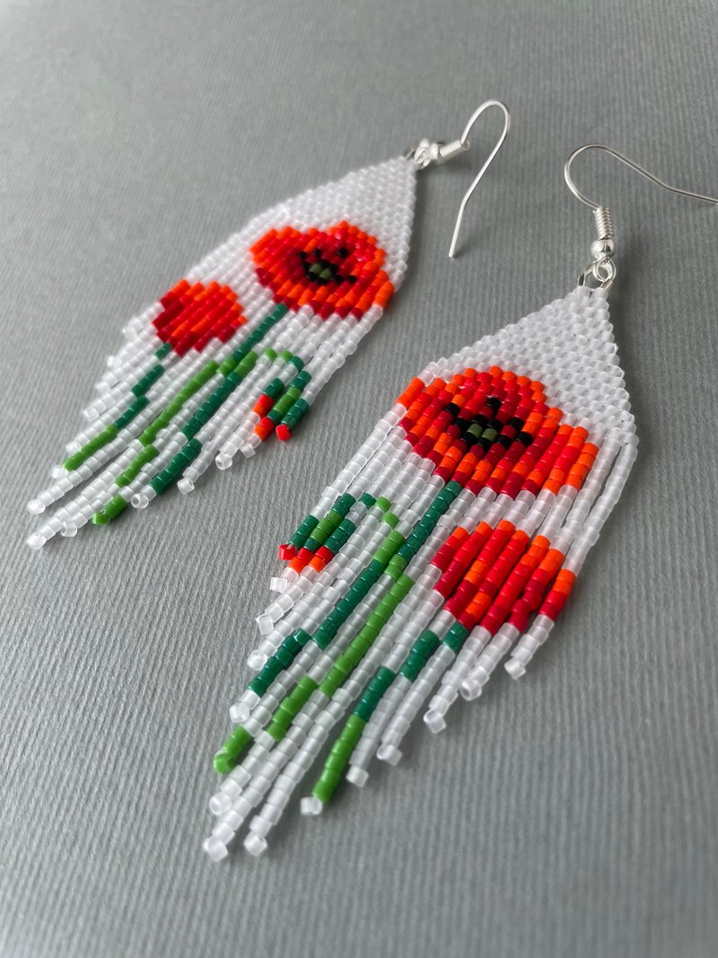 Beaded Poppy Earrings with fringe PDF pattern for miyuki delica 11/0 seed beads - อื่นๆ - วัสดุอื่นๆ 