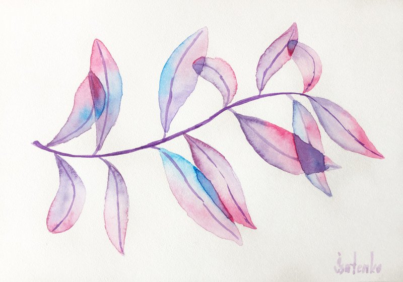 Eucalyptus Painting Spring Original Art Pink Plant Artwork Branch Wall Art - 海報/掛畫/掛布 - 紙 