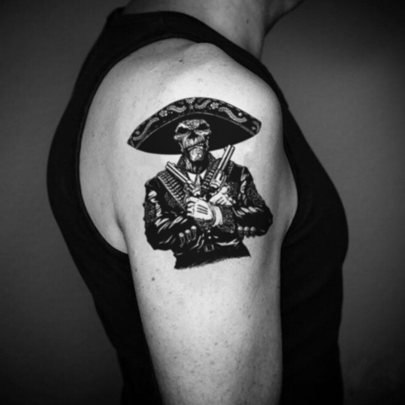 Mexican Charro Skull Temporary Tattoo Sticker (Set of 2) - OhMyTat - Temporary Tattoos - Paper Black