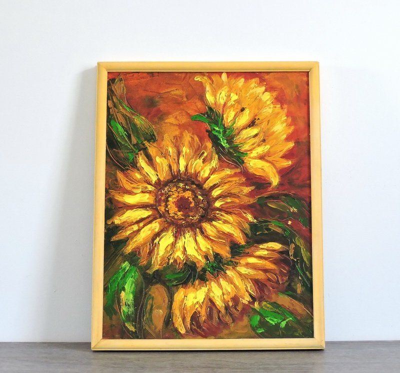 Sunflowers original impasto oil painting on panel Livingroom wall decoration - ตกแต่งผนัง - วัสดุอื่นๆ หลากหลายสี