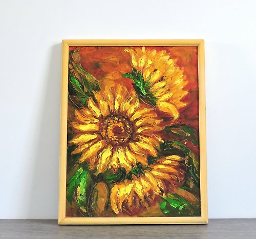 DCS-Art Sunflowers original impasto oil painting on panel Livingroom wall decoration