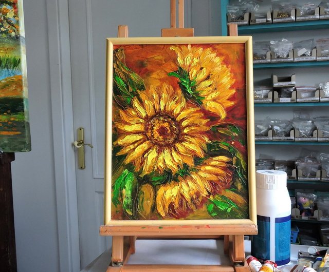 厚塗りひまわりの油絵 ひまわりの絵厚塗りオリジナルアート花の油絵花の壁アート