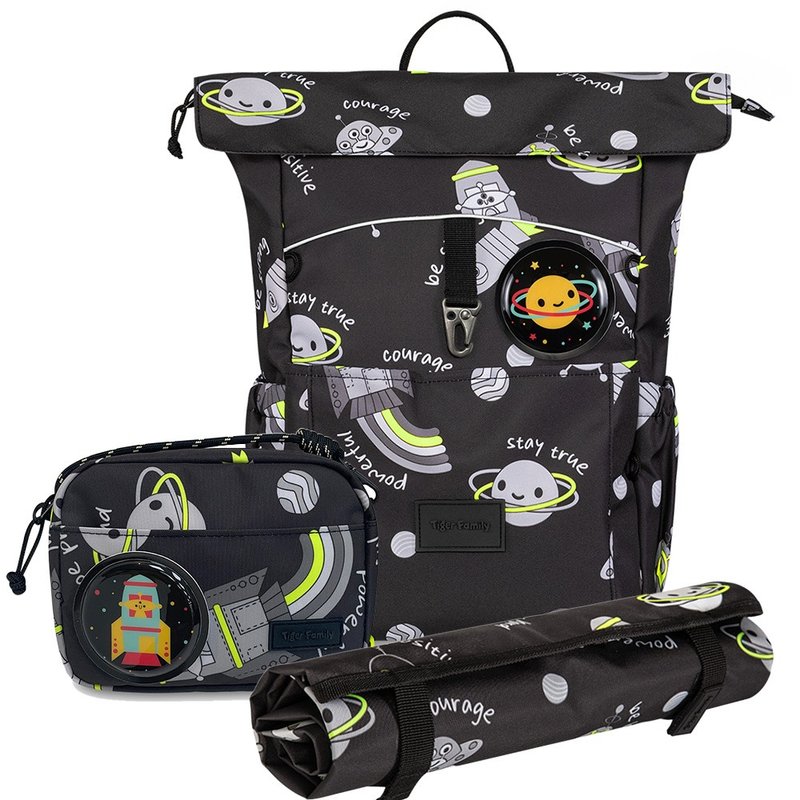 TigerFamily [Three-Piece Set] Children's Creative Casual Backpack (Large Size) - Science Fiction Universe - กระเป๋าเป้สะพายหลัง - วัสดุกันนำ้ สีดำ