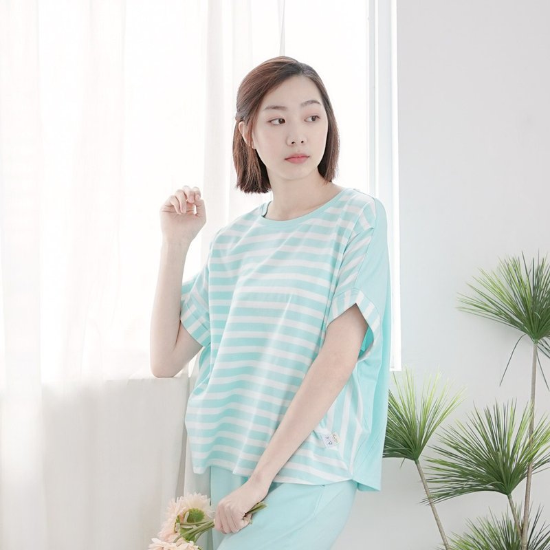 UMORFIL膠原蛋白條紋短袖居家服-條紋藍 - 睡衣/居家服 - 棉．麻 藍色