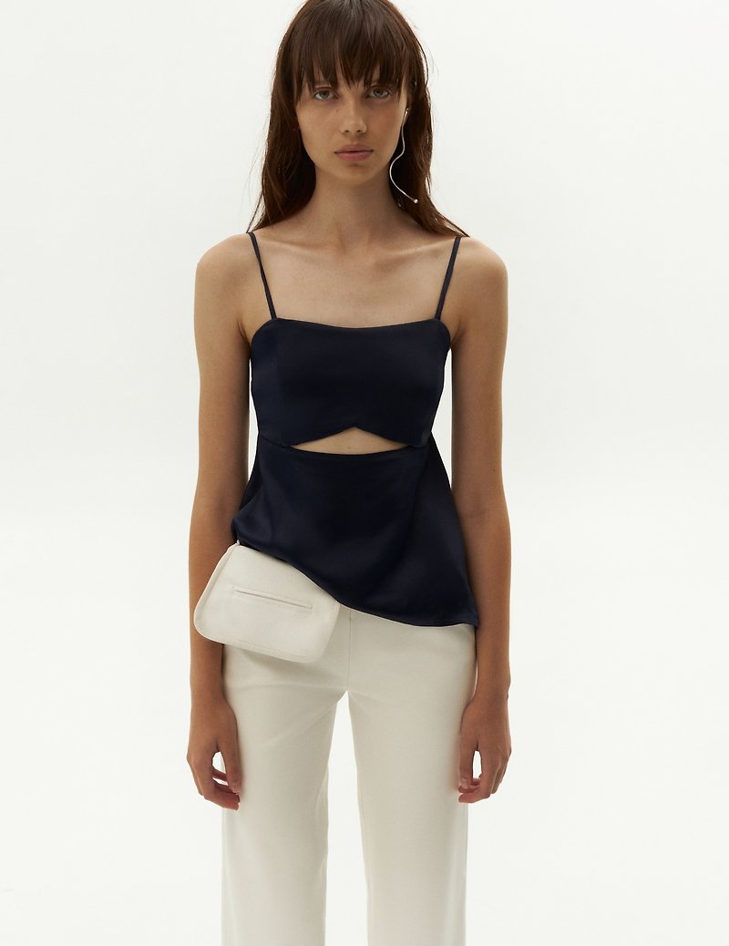 Navy Silky Top with Cut-out Details - Women's Tops - Silk Blue
