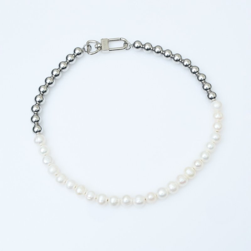 KAIKAI - ReBorn - Titanium Steel Round Bead Pearl Necklace - สร้อยคอ - ไข่มุก สีเงิน