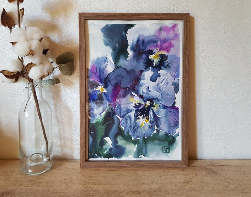 Original Watercolor artwork handmade - Flowers of violets - 壁貼/牆壁裝飾 - 其他材質 