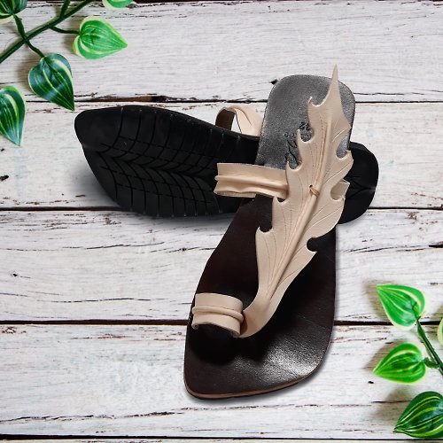 cowshuleather Handmade Original Vegetable Tanned Leaf sandals, Brown sole leather