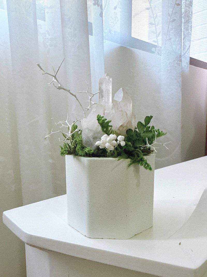白水晶簇-雪之小山嶺 。永生葉材綠植栽 - 植栽/盆栽 - 水晶 白色