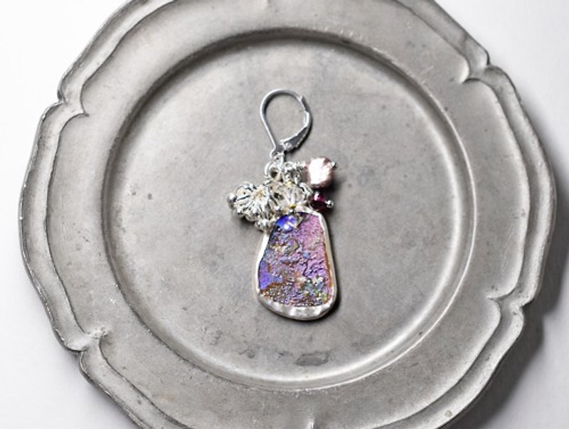 Glittering Roman glass and crisp Karen Silver, Herkimer diamonds, baroque pearls, garnet earrings - Earrings & Clip-ons - Glass Purple
