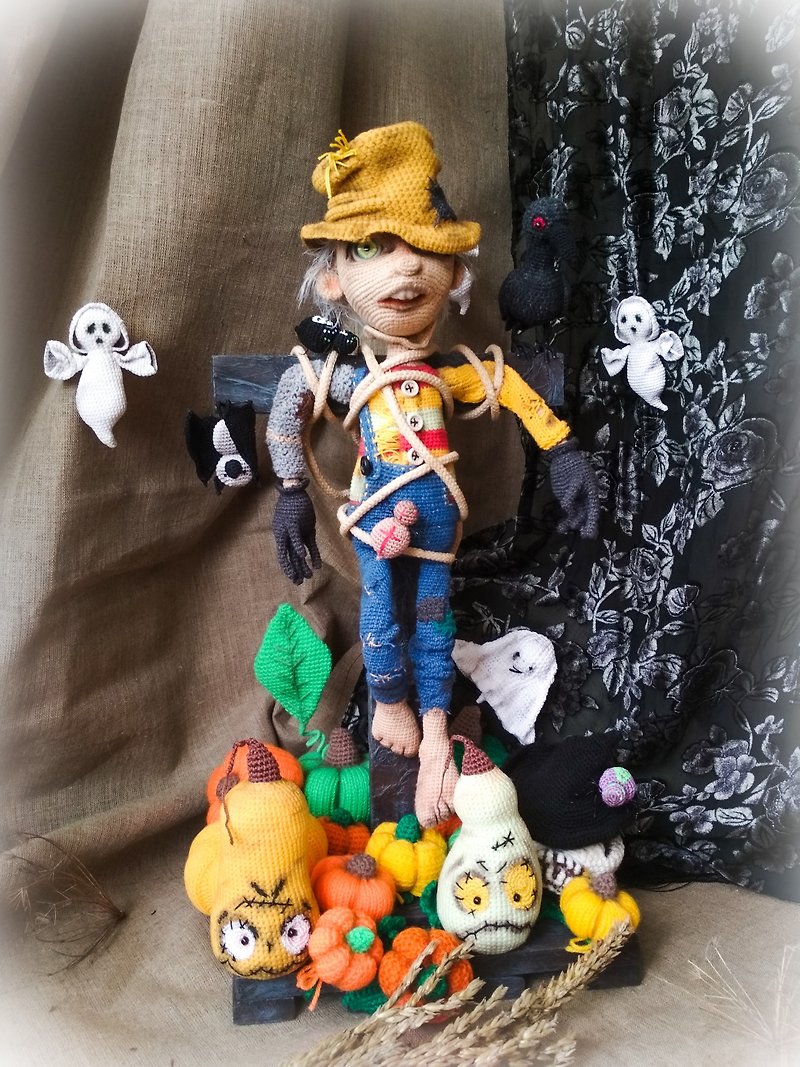 Creepy scarecrow doll in two suit. Scarecrow table decor. Folk art Scarecrow.