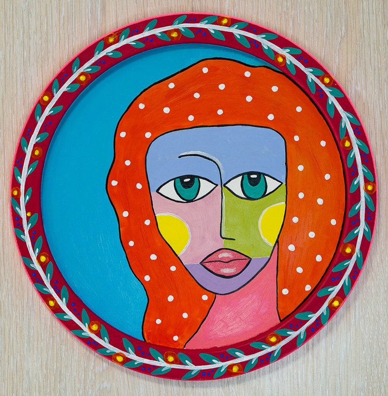 Painting Monica, 2023, decorative round acrylic painting, round canvas - 壁貼/牆壁裝飾 - 棉．麻 咖啡色