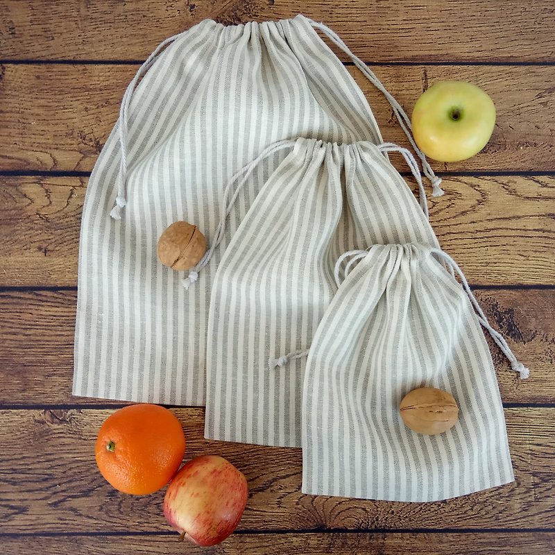 Drawstring reuse grocery bag for food storage, Striped linen produce bags