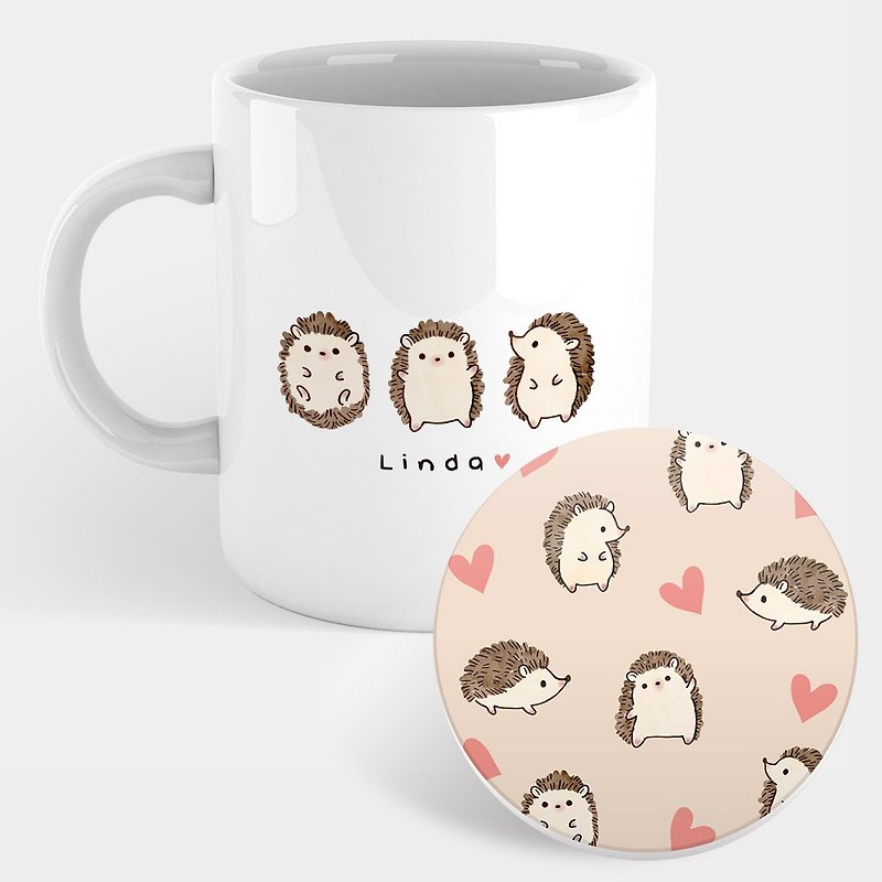 Customized Text Three Hedgehogs Mug Coaster PU022 - Mugs - Porcelain Khaki