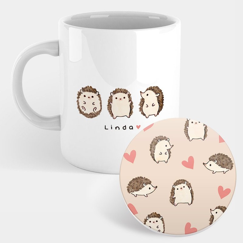 Customized Text Three Hedgehogs Mug Coaster PU022 - แก้วมัค/แก้วกาแฟ - เครื่องลายคราม สีกากี