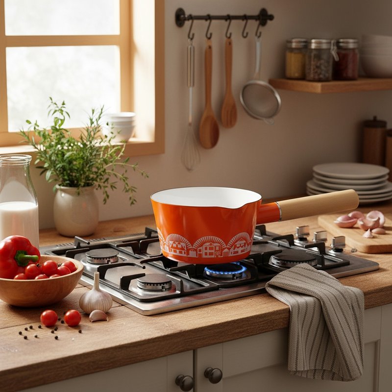 UK Mini Modern Nordic Countryside Cottage Motif Retro Enamel Beech Wood Milk Pot / Single-Handle Pot - เครื่องครัว - วัตถุเคลือบ สีส้ม