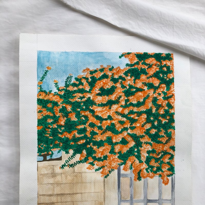 Orange bougainvillea original painting anniversary gift 設計 - 壁貼/牆壁裝飾 - 紙 多色