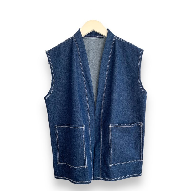 Haori Style Vest - 男背心 - 棉．麻 藍色