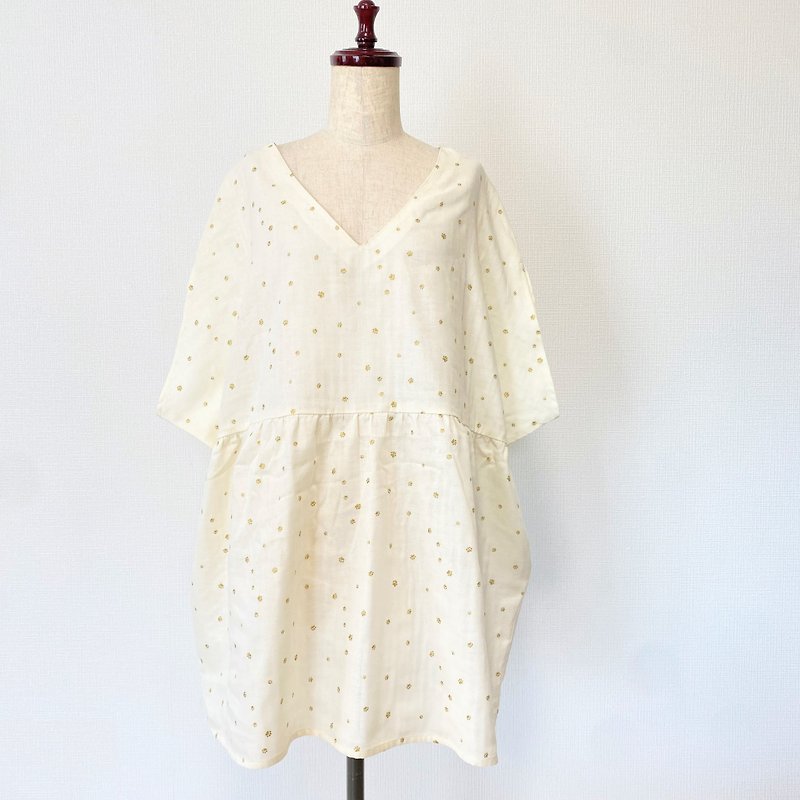 cats dog　paw　one-piece dress　　cotton　Double gauze　white - One Piece Dresses - Cotton & Hemp White