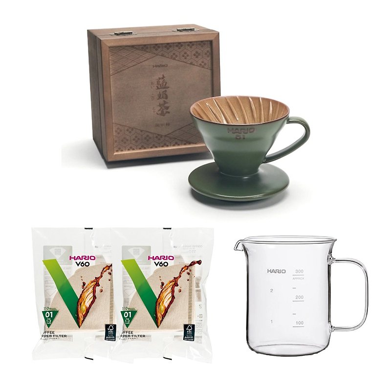 【HARIO】V60藍媚茶01懷汝濾杯+咖啡壺+濾紙2包組 - 咖啡壺/咖啡周邊 - 陶 綠色