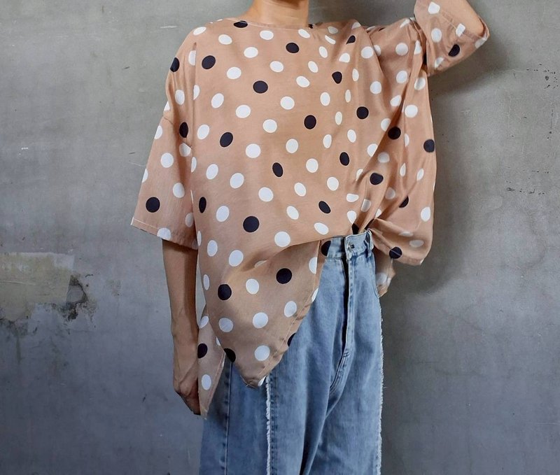 Designer Collection Polka Dot Milk Tea Relaxed Fit Wide-Cut Reversible Tunic - Women's Tops - Other Man-Made Fibers Multicolor