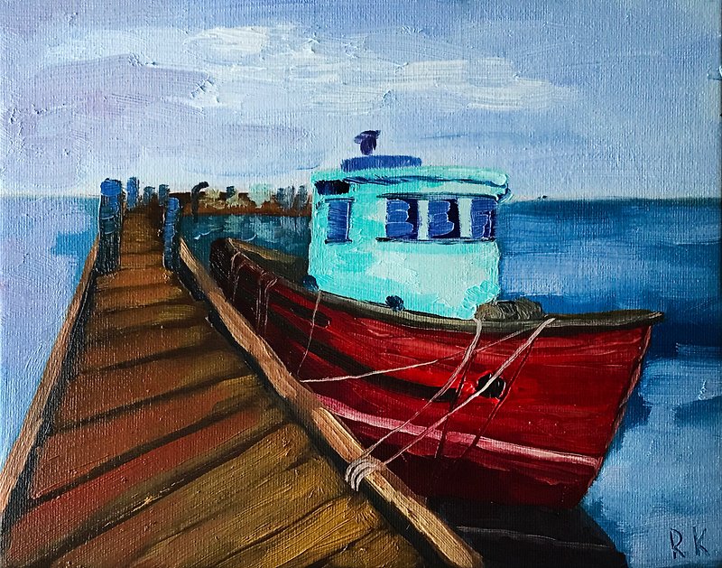 Boat oil painting, Original small wall art, Nautical home decor, Gift for him - 牆貼/牆身裝飾 - 其他材質 多色