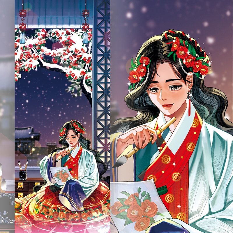 Four Seasons - Winter girl Korean Hanbok illustrated postcard (uha) Bookmark - 卡片/明信片 - 紙 多色