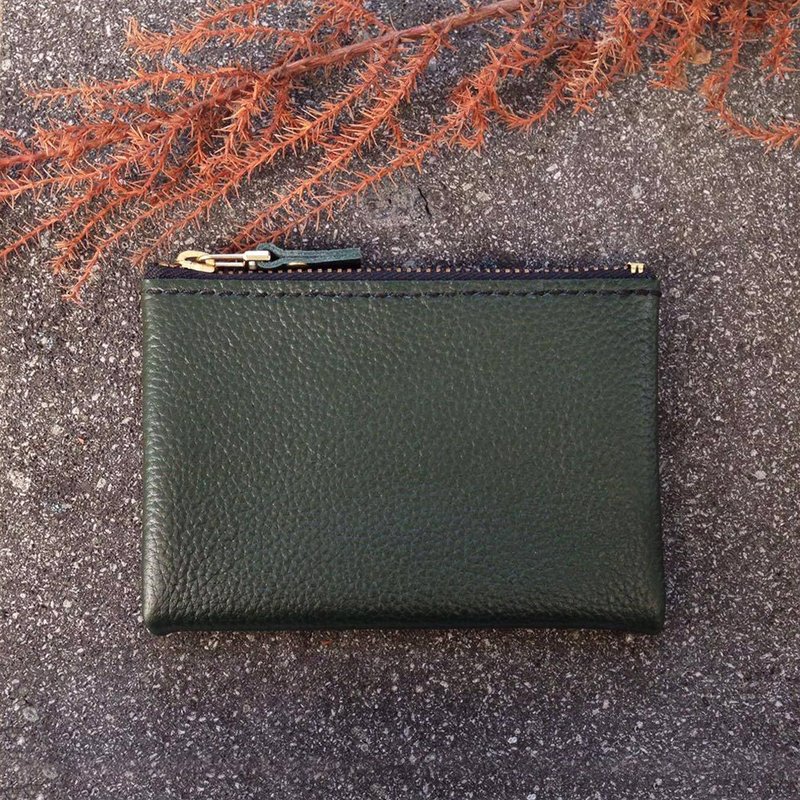 【Xuan Leather選。皮革】夾層拉鍊錢包［荔枝紋墨綠色］ykk金色拉鍊 - 零錢包/小錢包 - 真皮 綠色