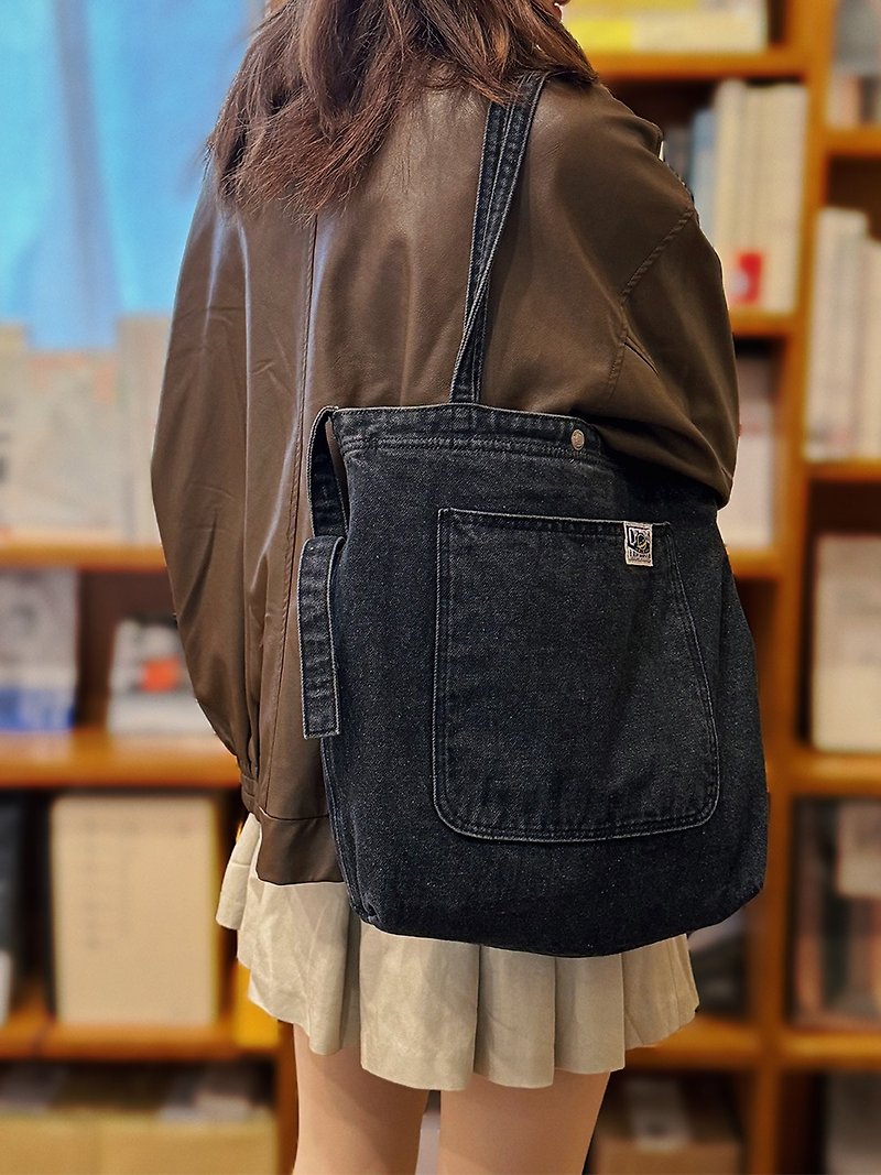 CATWEST original genuine retro denim messenger bag women's shoulder bag dual-purpose daily casual bag - กระเป๋าแมสเซนเจอร์ - ผ้าฝ้าย/ผ้าลินิน สีดำ