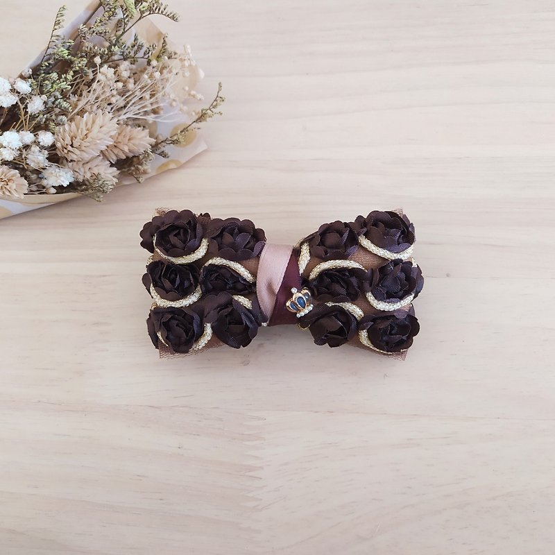 Gold thread three-dimensional jacquard lace spring clip - Hair Accessories - Other Materials Brown