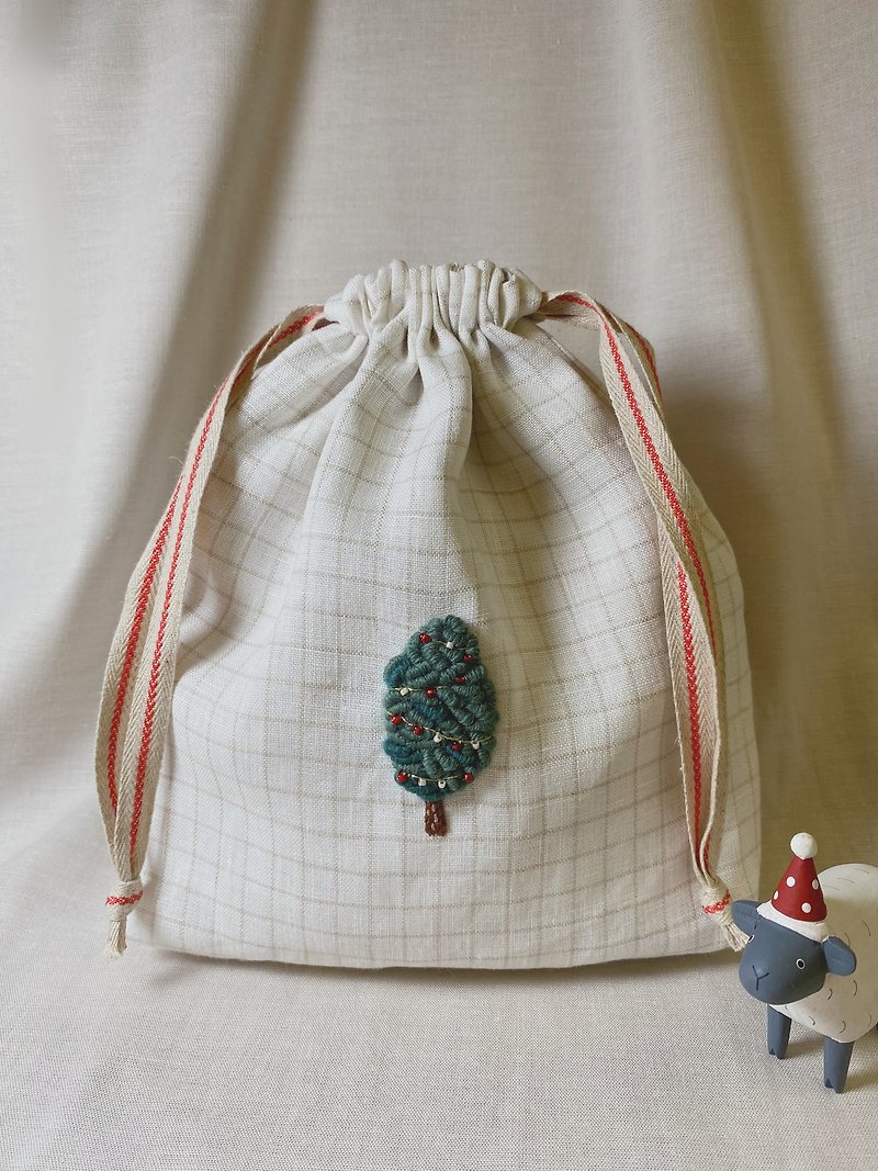 Hand embroidered tree pocket - Drawstring Bags - Cotton & Hemp Multicolor