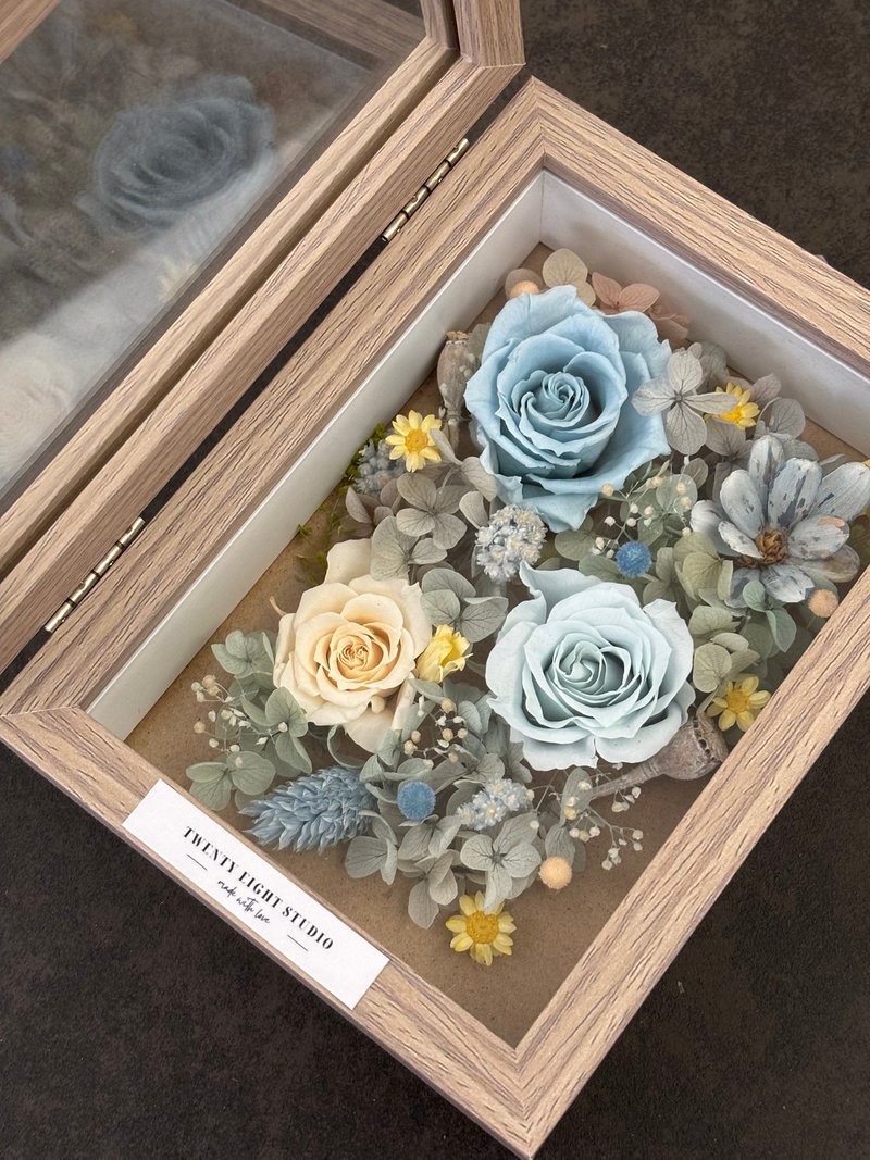 木盒永生相框花 夢幻藍款 可客製 - 乾燥花/永生花 - 植物．花 藍色