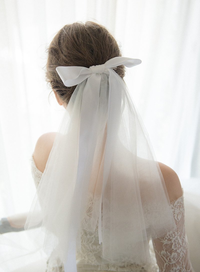 聚酯纖維 髮夾/髮飾 - 白色緞帶蝴蝶結短款新娘頭紗 髮飾 頭飾