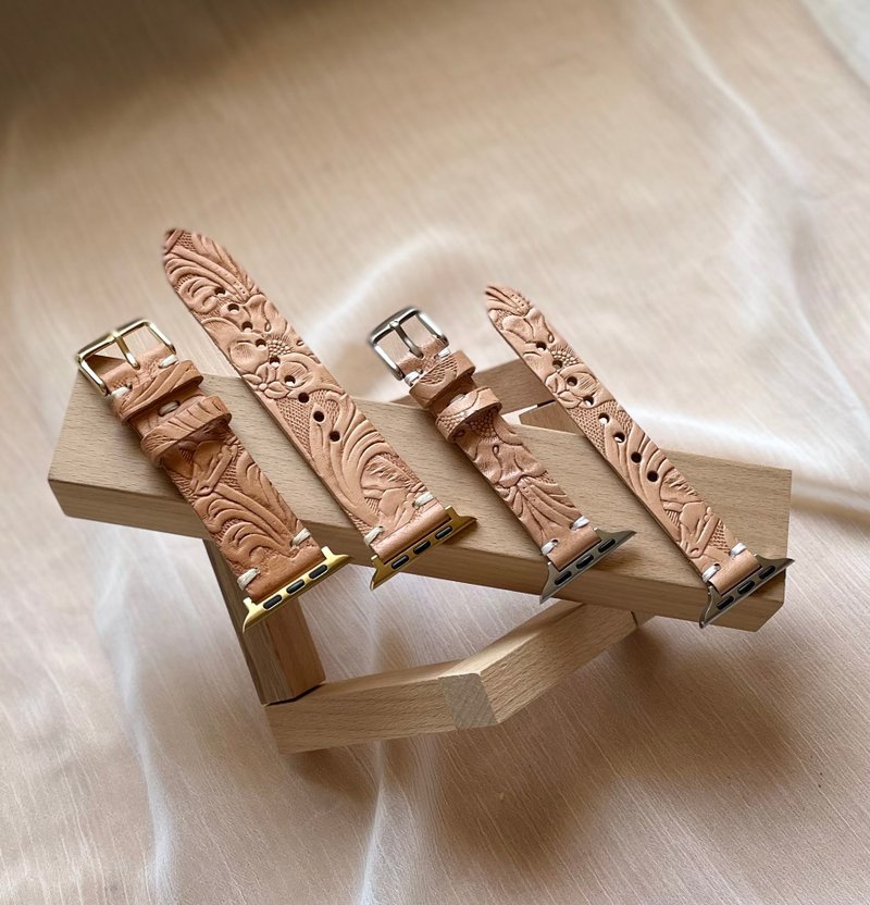 Timeless Handcrafted Italian Vegetable Tanned Leather Carved Natural Apple Watch Strap - สายนาฬิกา - หนังแท้ หลากหลายสี