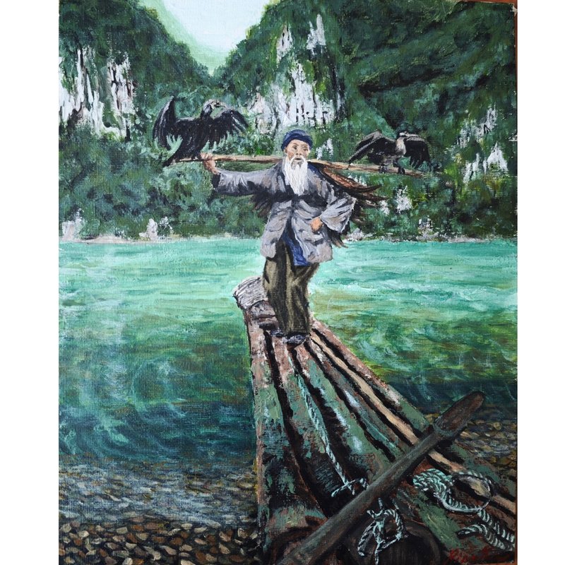中國男子與鳥在木筏上的河流風景原創裱框藝術作品 作者 RinaAr - 壁貼/牆壁裝飾 - 其他材質 多色