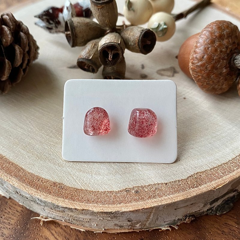 石光-天然礦石耳環-草莓晶10 - 耳環/耳夾 - 玉石 粉紅色