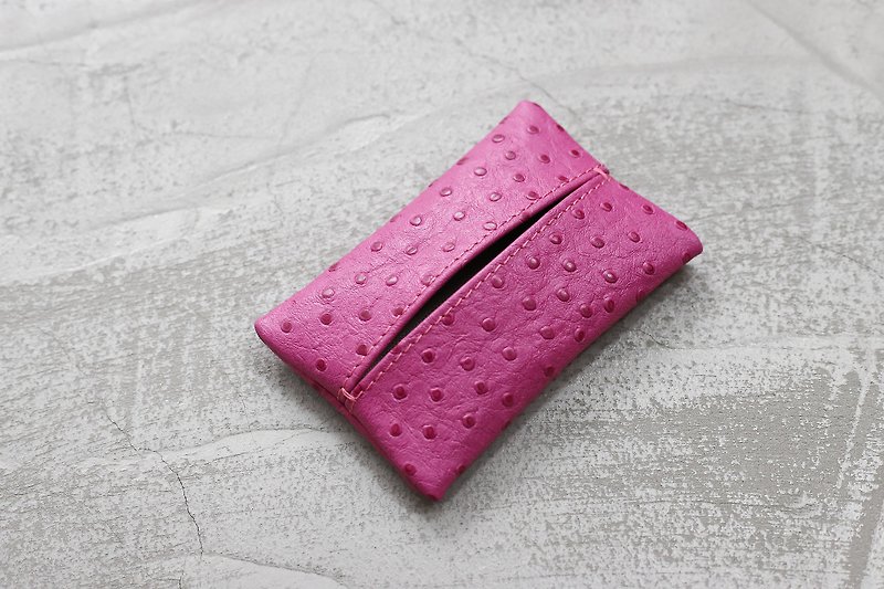 皮革面紙套 隨身面紙套 粉紅色鴕鳥紋客製化禮物 - 面紙盒 - 真皮 粉紅色