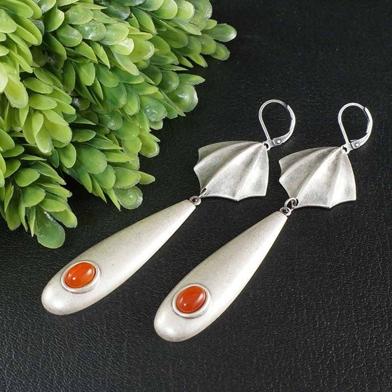 Carnelian Silver Bat Wings Fire Red Orange Large Long Teardrop Earrings Jewelry - 耳環/耳夾/耳骨夾 - 半寶石 銀色