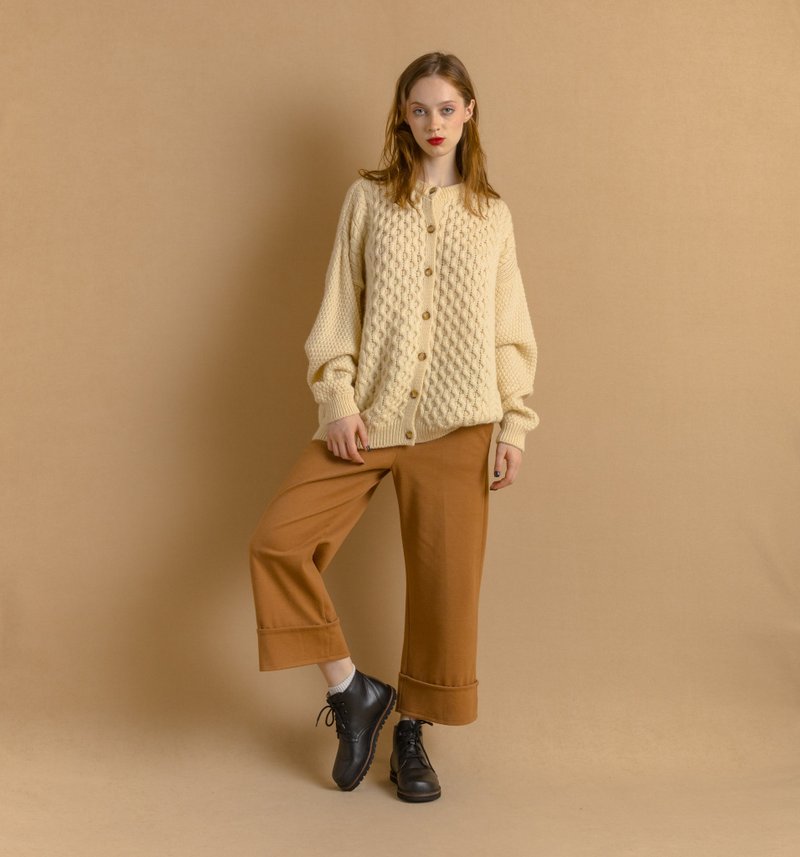 Vintage cream chuream chunky knit Irish cardigan, wool Aran Sweater 7851 - 女毛衣/針織衫 - 羊毛 白色