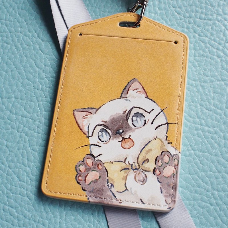 Pass case with neck strap, Siamese cat cashew footprint case strap - ที่ใส่บัตรคล้องคอ - หนังแท้ สีเหลือง