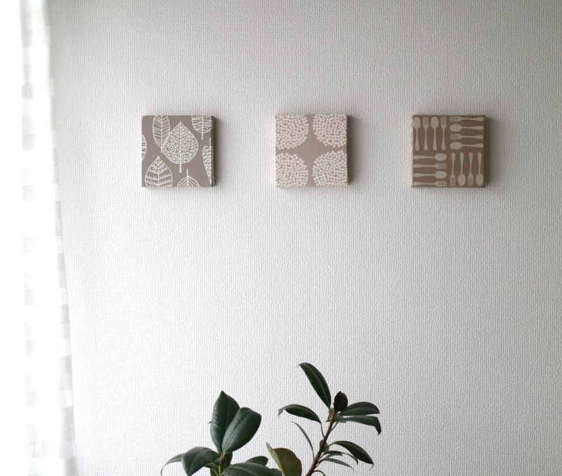 12x12cm ファブリックパネル  3点セット グレージュ【フラワーサークル+カトラリー+ラインリーフ】 - 壁貼/牆壁裝飾 - 棉．麻 卡其色