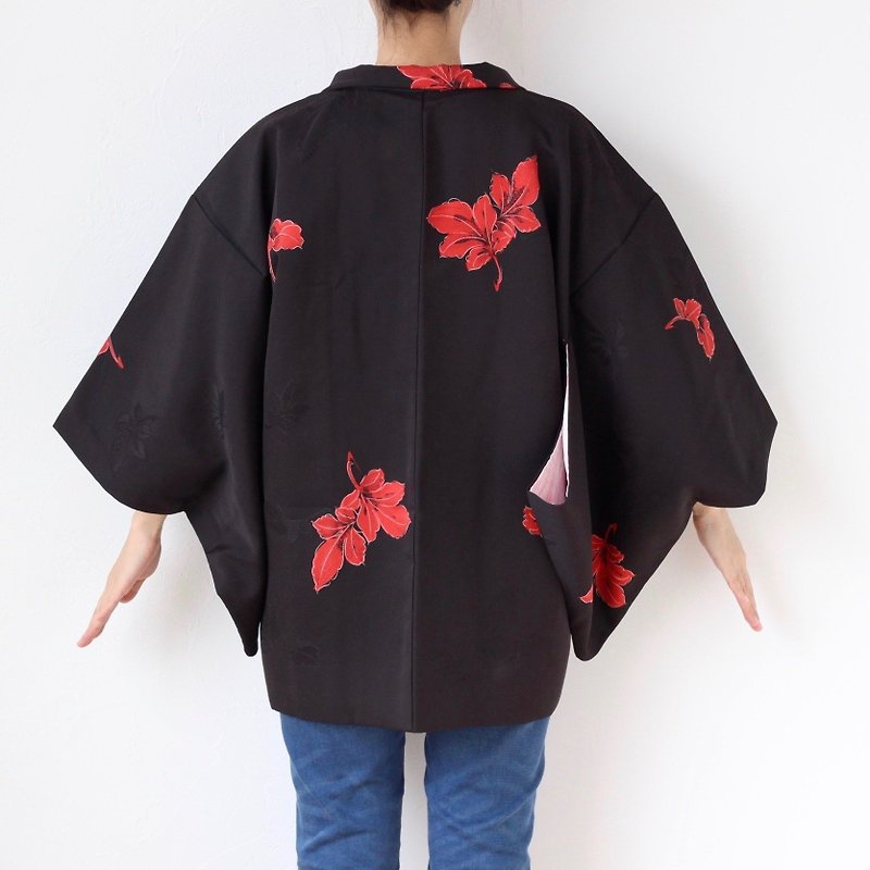 leaf kimono, black haori, traditional kimono, kawaii, kimono jacket /3621 - 女大衣/外套 - 聚酯纖維 黑色